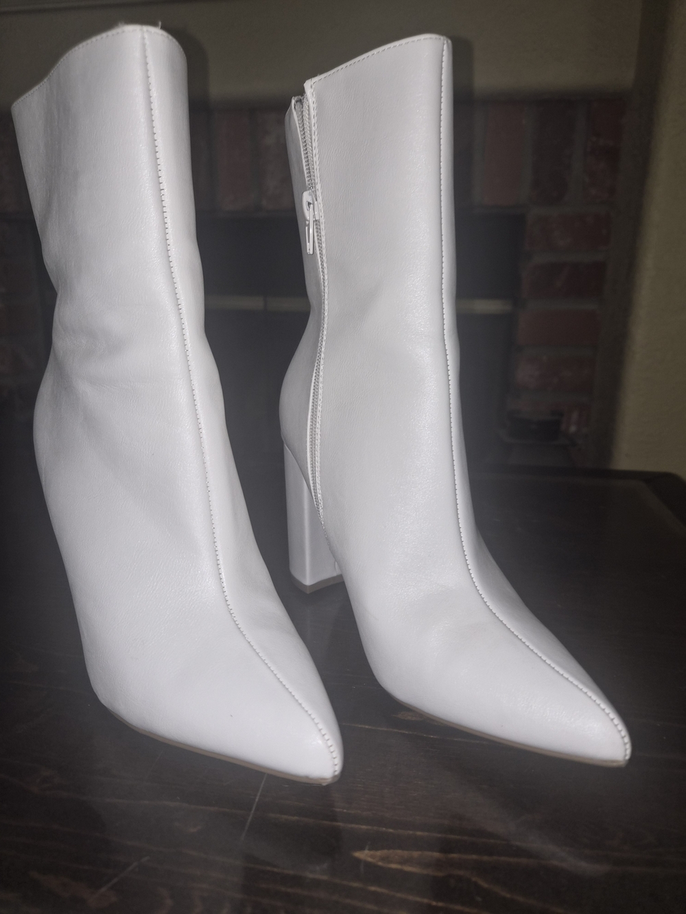 BAMBOO White Pointed Toe Mid-Calf Block Heel Boots